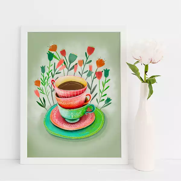 Bilde av plakaten vintage cups, meb tre kopper i en stabel med blomster bak