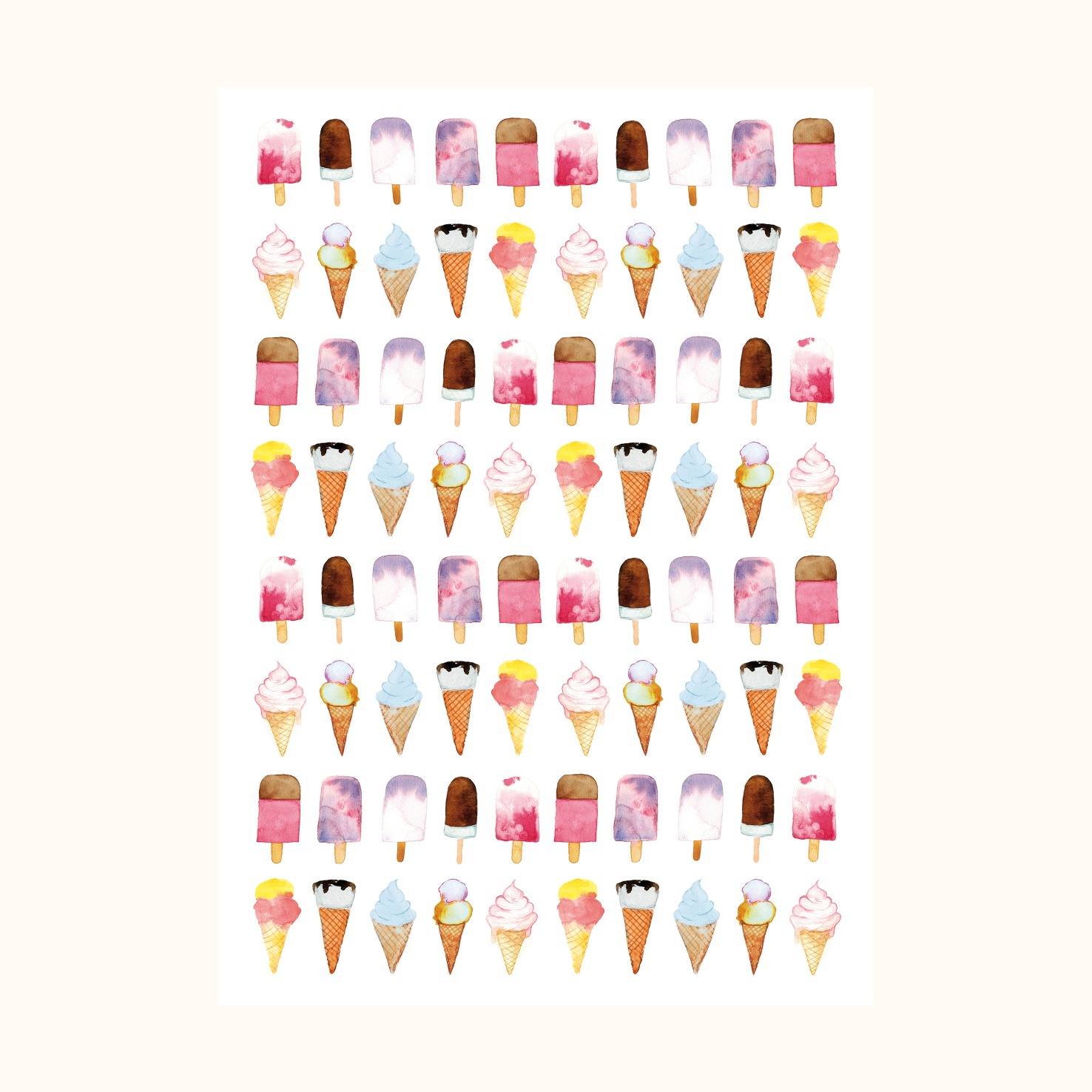 Illustrasjon av kort med veldig mange ulike typer iskrem