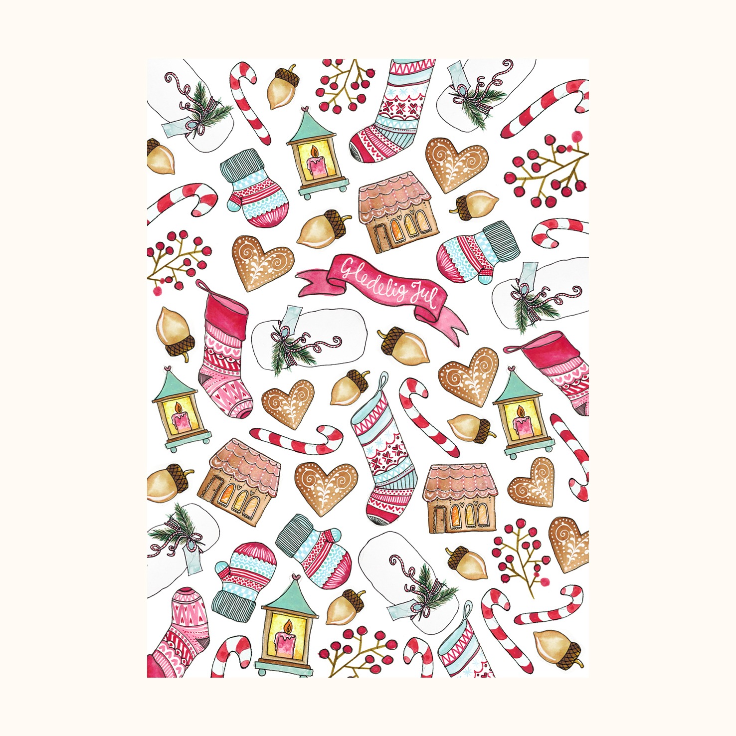 Illustrasjon av Julekort med flere ulike julemotiver: julestrømpe, pepperkaker, nøtter og andre juleting.