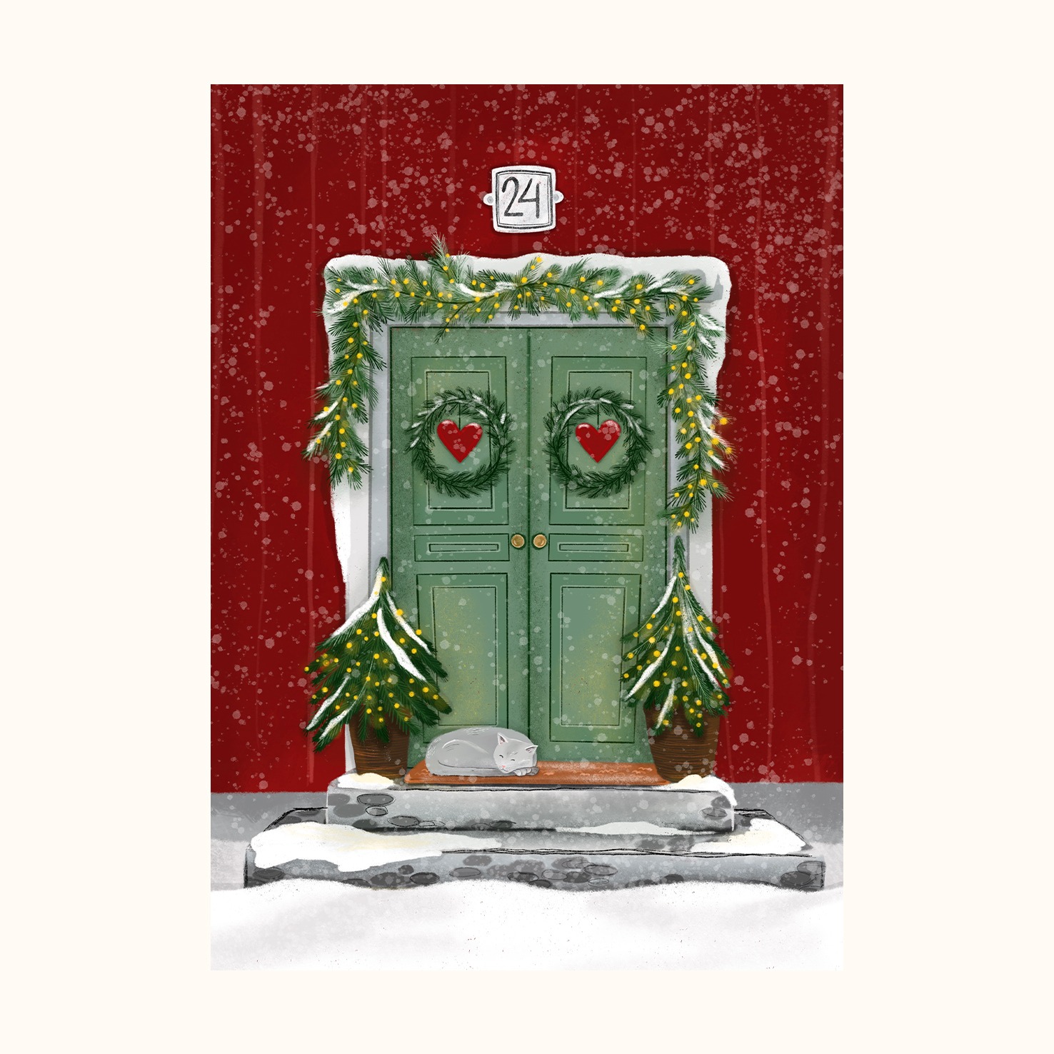 Illustrasjon av Julekort med juledør med julekranser. På trapen ligger det en grå katt og sover. Over døren står det nummer 24.