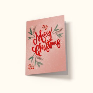 Rosa Julekort med rød tekst: Merry Christmas