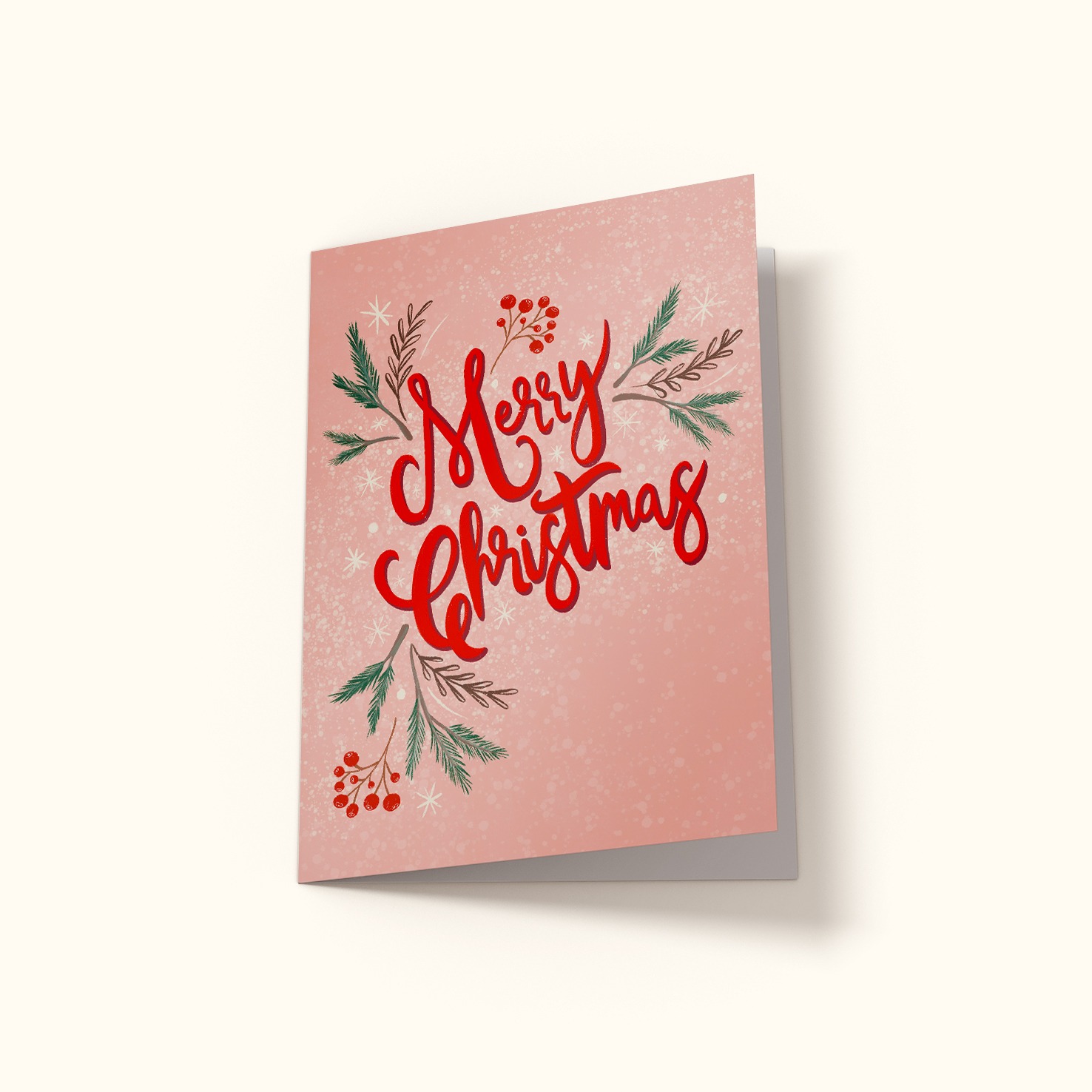 Rosa Julekort med rød tekst: Merry Christmas