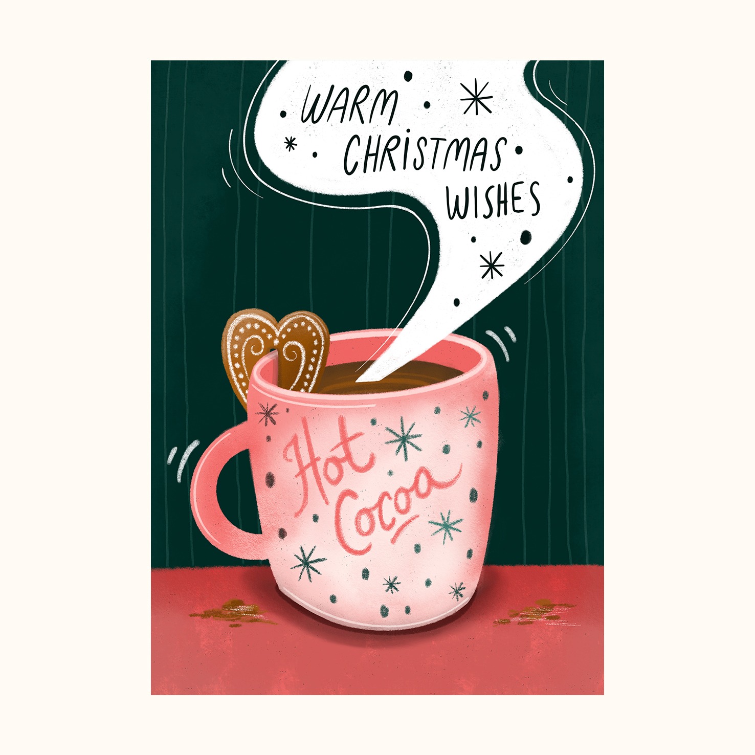 Illustrasjonsbilde av Julekort med bilde av en varmekopp kakao med en pepperkake hengende fra kanten. I dampen fra kakaoen står det warm christmas wishes