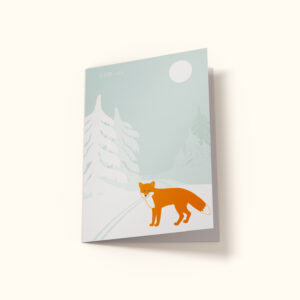 Julekort med vinterskog og rev. Tekst: God jul