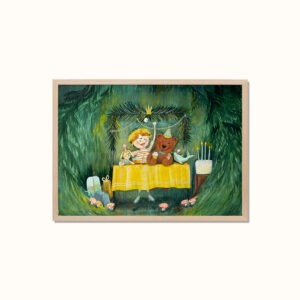 Bilde av plakaten Birthday party som viser en liten gutt som feirer bursdagen sin med alle kosedyrene sine.