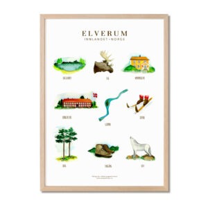 Bilde av en innrammet plakat med motiver fra Elverum