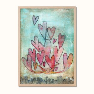 Illustrasjon av et menneske med hjerter som svever over en bysilhuett mot en blå bakgrunn.