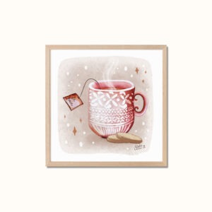 Illustrasjon av en rosa tekopp med et hvitt mønster og damp, og en tepose merket 'Be brave'