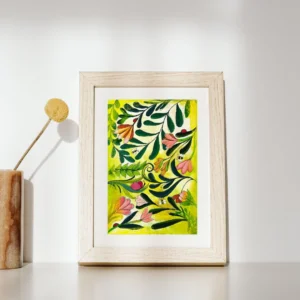 Bilde av en original på papir med blomster og bier i ramme