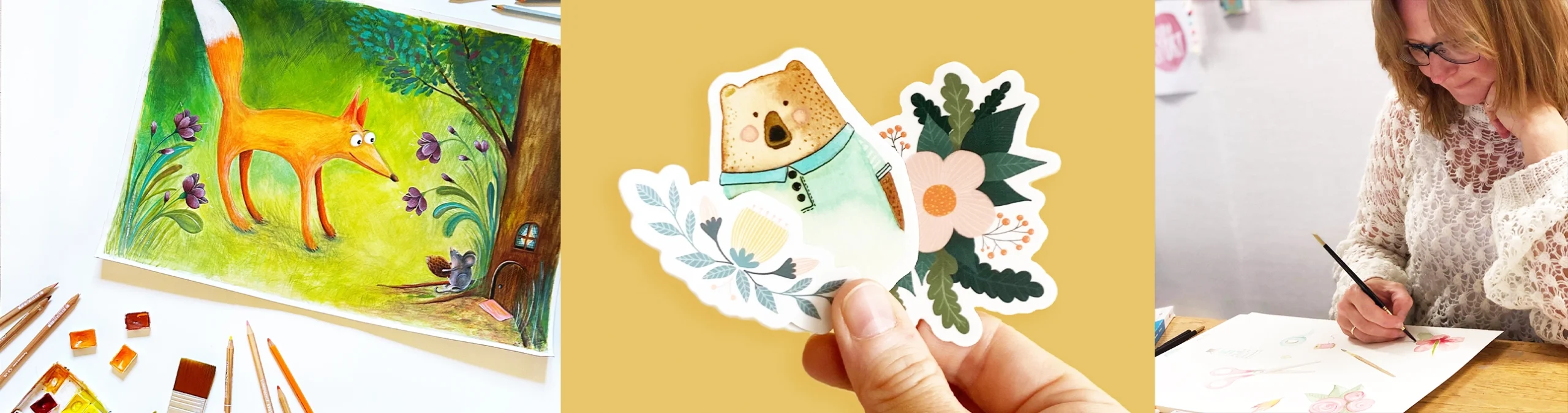 illustrasjonsbanner med bilde av en original tegning, en person som tegner en av plakatene som er til salgs, en hånd som holder tre ulike klistremerker