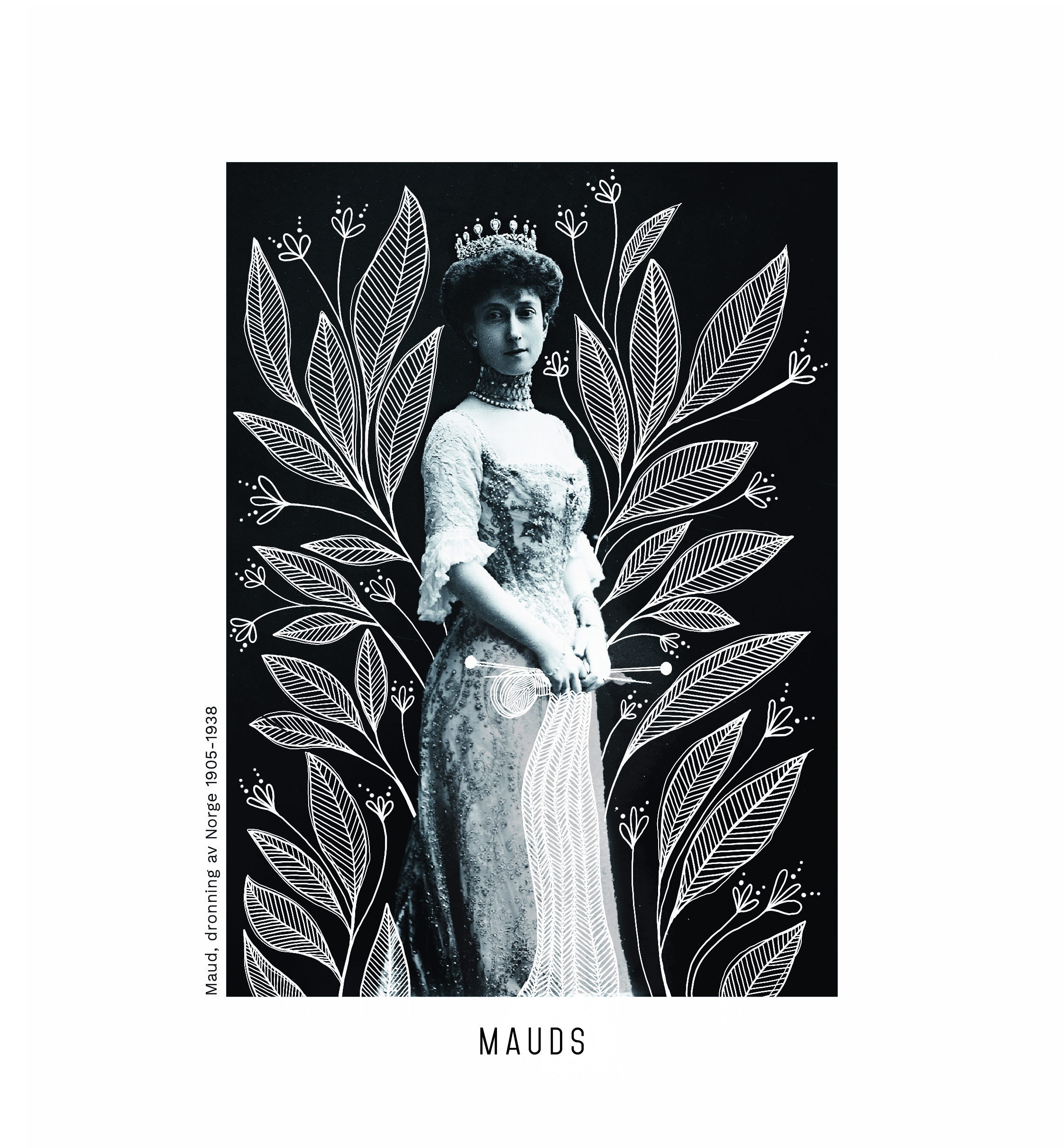 Illustrasjonsbilde av totebag med bilde av maud som strikker med løv i bakgrunnen