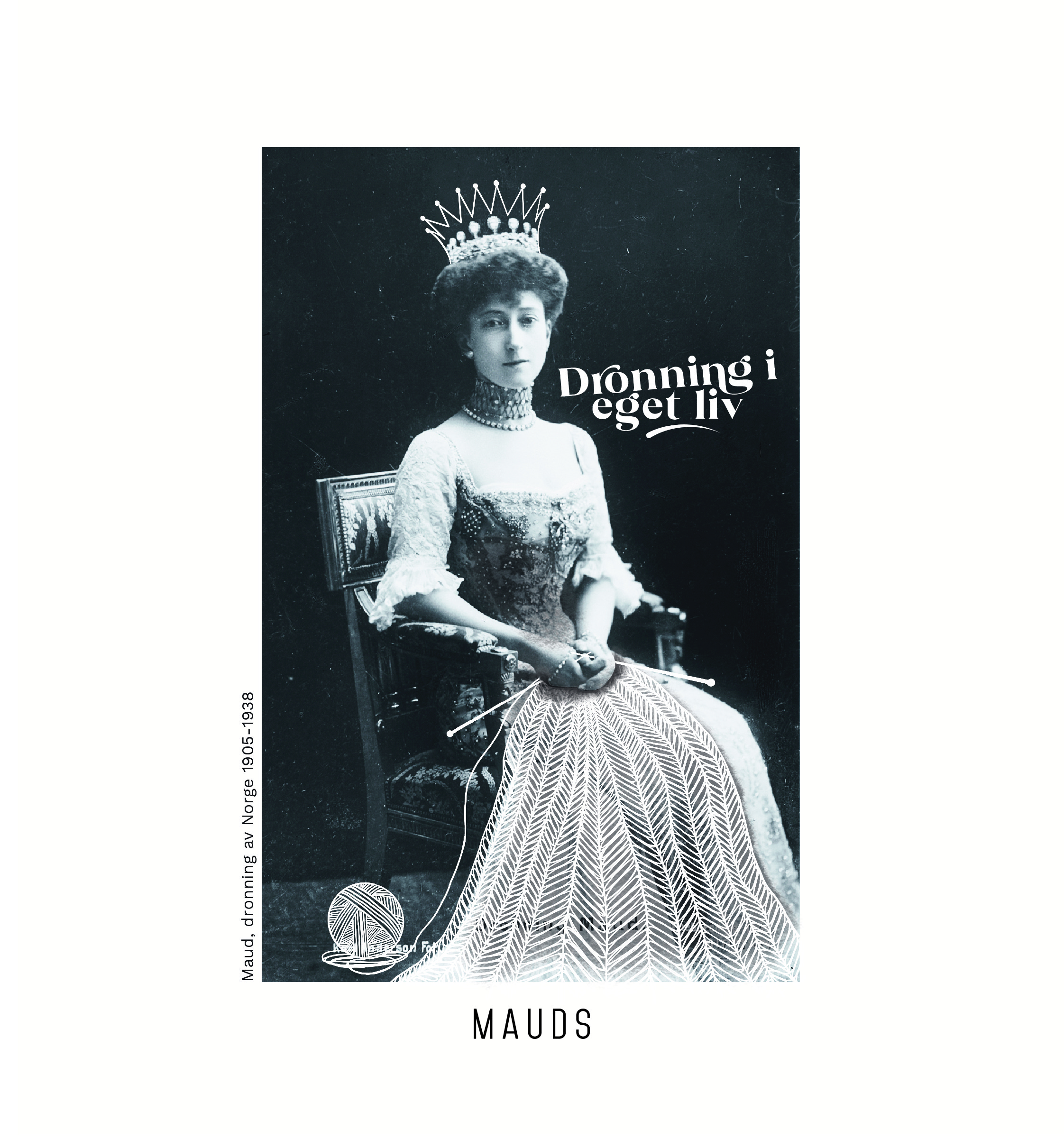 Illustrasjonsbilde av totebag med bilde av maud som sitter i en stol og strikker.