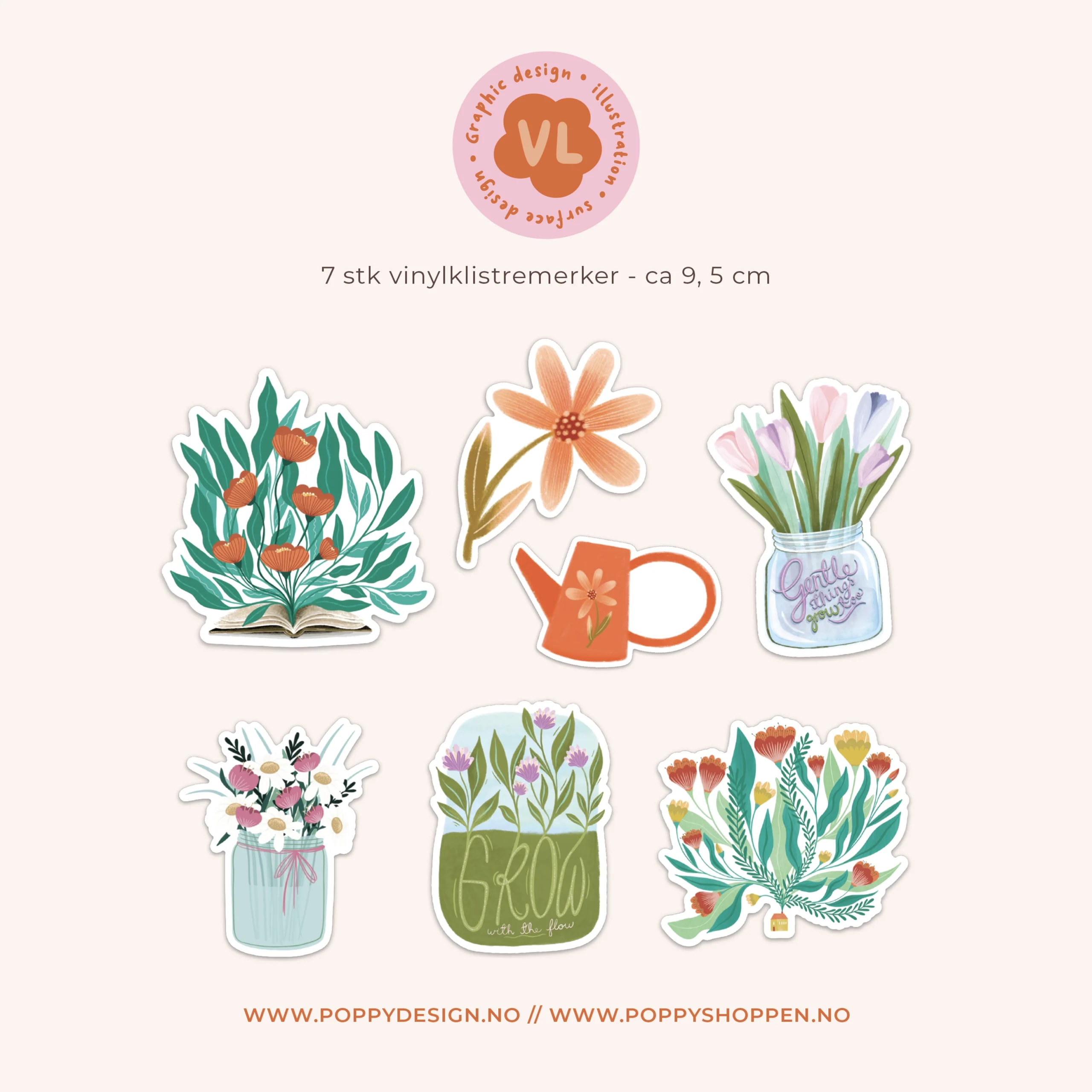 Oversiktsbilde over alle klistremerkene i klistremerkepakken