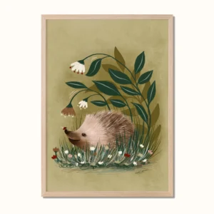 Plakat til barnerom med et lite pinnsvin med en marihøne på nesen, designet av Poppydesign