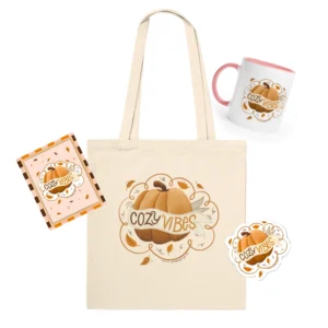 Høstpakke med kunstrykk, handlenett, kopp og aatort klistremerke